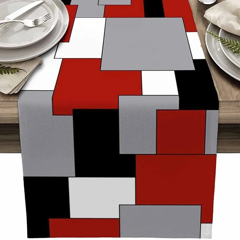 Chemin de table rouge géométrique en lin - Univers De La Table