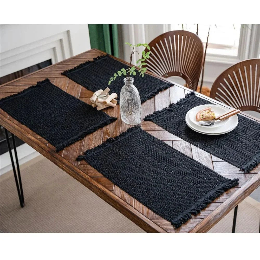 Set de table design noir à traits blancs en lin - Univers De La Table