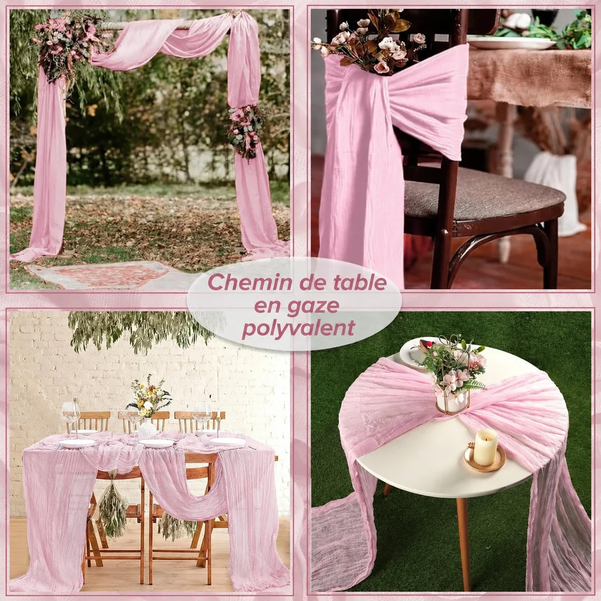 Chemin de table bohème en gaze rose clair 90 x 300 cm - Univers De La Table