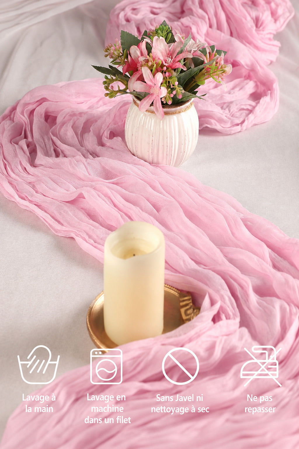 Chemin de table bohème en gaze rose clair 90 x 300 cm - Univers De La Table