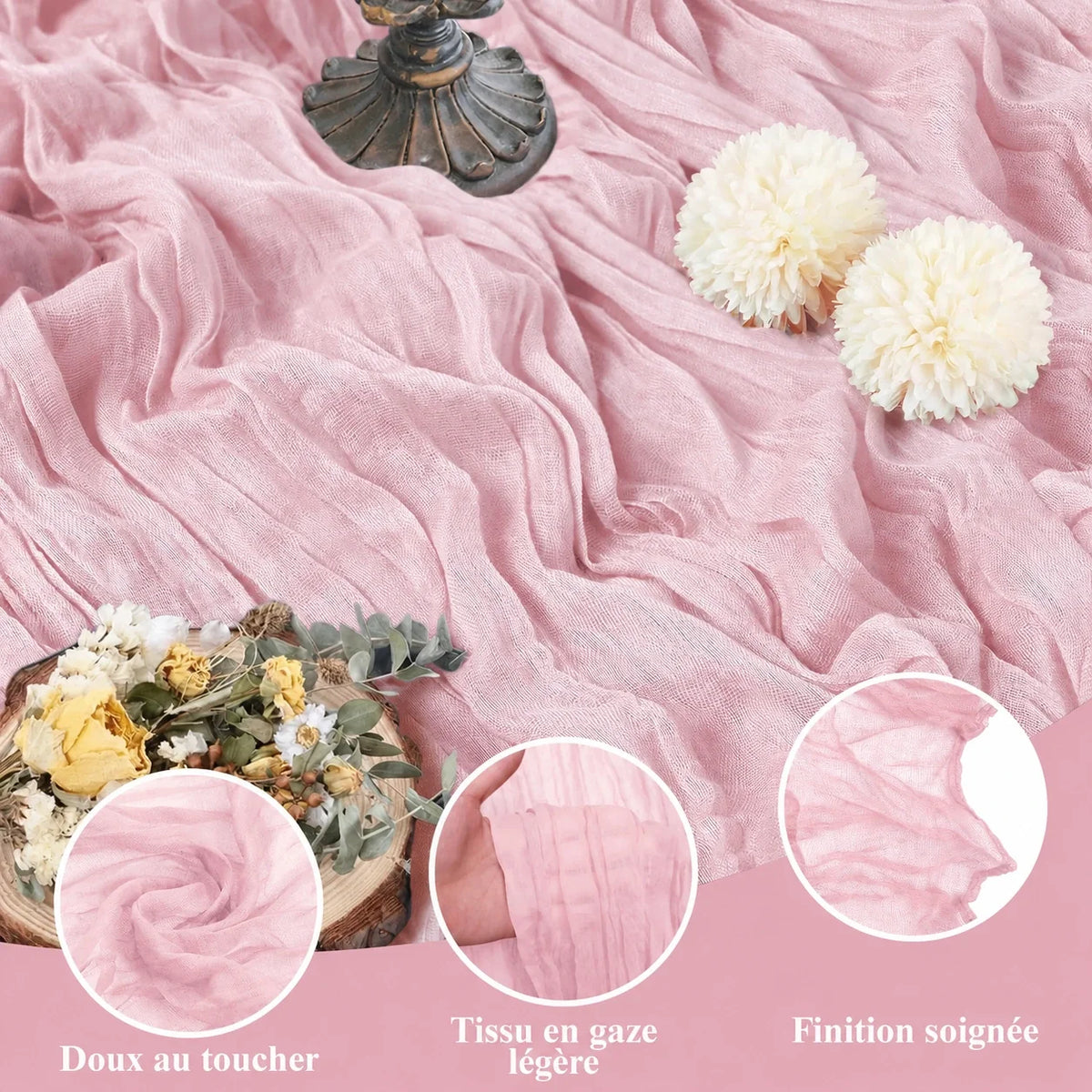 Chemin de table bohème en gaze rose clair 90 x 300 cm - Univers De La Table